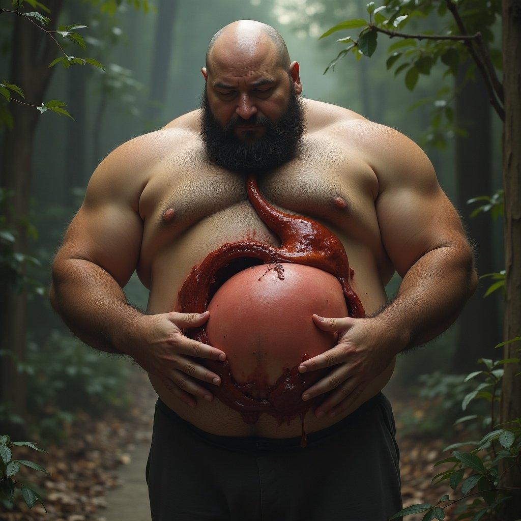 A muscular man stands in a foggy forest. An unusual image shows his stomach bulging. An octopus-like creature is visible around his waist. The man looks intent as if he has eaten another person. The atmosphere is dark and eerie. There's a focus on the stomach area. The setting is mysterious and surreal.