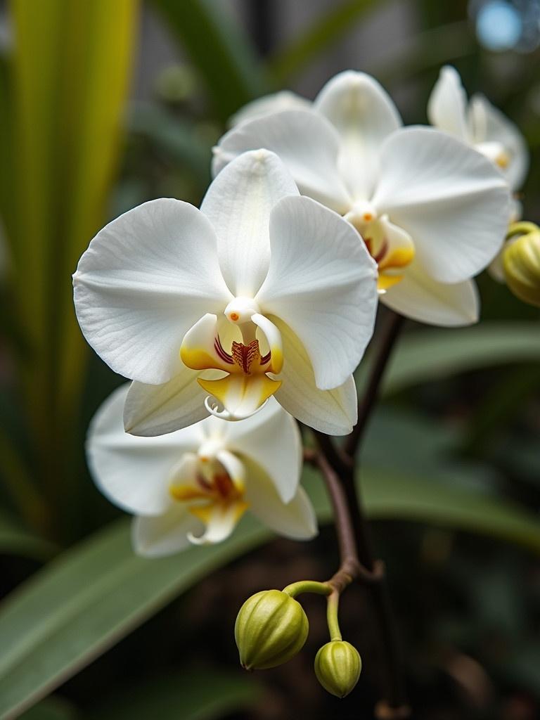 Close up image of a white orchid flower with yellow accents and green leaves in the background.