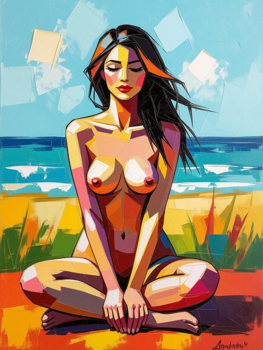 Highly textured encaustic impasto painting. Nude woman posing in morning light. Frontal view, sitting on knees and palms. Thick brushstrokes creating three-dimensional relief.