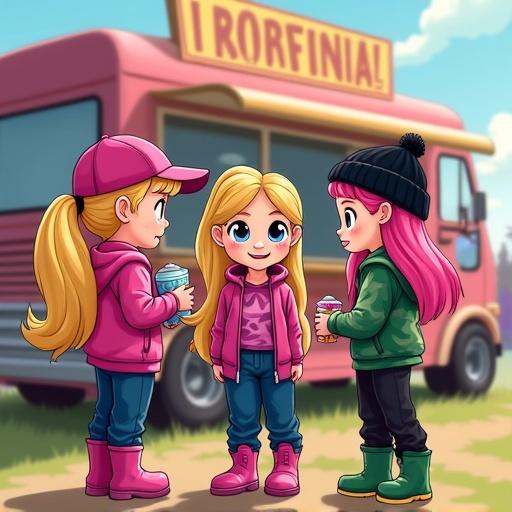 Three cartoon girls at a burger van at a music festival. Brianna with dark blonde hair in a ponytail. Wearing pink cap and pink camouflage hoodie. Brianna Jr with freckles and long light blonde hair. Wearing dark pink cap and shirt, pants. Brandy with pink hair. Wearing black beanie and green camouflage hoodie.
