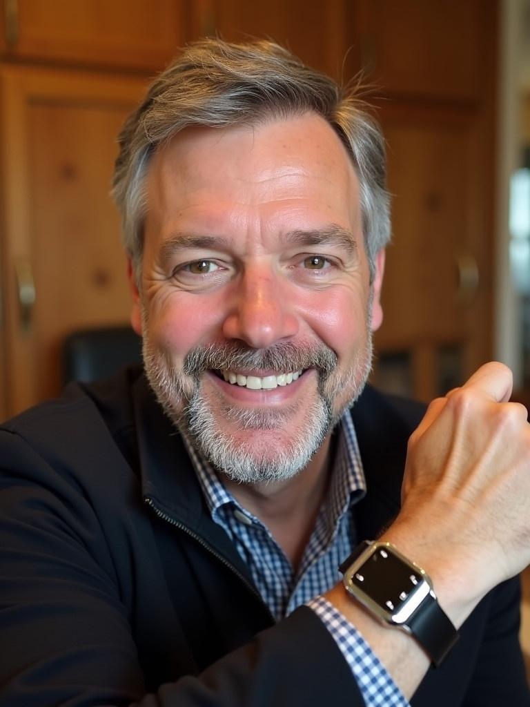 Middle-aged man with short gray hair wearing a black jacket. He shows a smartwatch on his wrist. Wooden cabinetry in the background. Warm and natural light illuminates the scene. He has a gentle smile and appears approachable. This image is ideal for professional contexts.