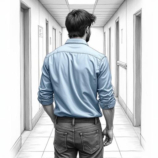 A pencil sketch of a mid-30s man named Krish. He has a clean-shaven face with a defined jawline and disheveled thick black hair. Dark brown eyes and an athletic build are prominent. Krish wears a slightly rumpled light blue shirt and dark jeans. He stands in a corridor, looking around with a deep breath. His expression shows exhaustion and resolve. The composition follows the rule of thirds with a low-angle camera perspective. The lighting is chiaroscuro, and the artwork features smooth blended shading in monochrome.