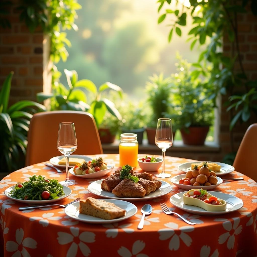 Set table with various delicious dishes. Bright orange tablecloth with flowers. Natural light from window. Green plants in background. Glasses of juice and wine. Focus on meals and ambiance.