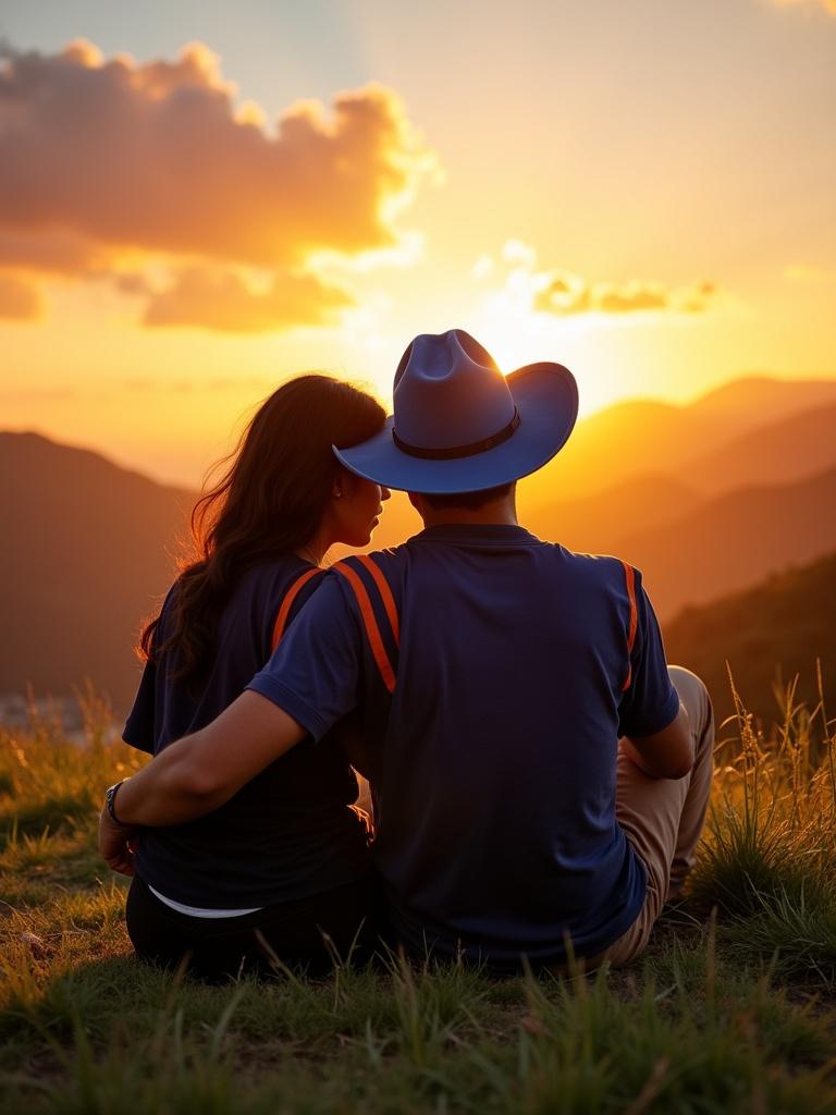 A young couple sits on a grassy hill under a sunset. They gaze at the horizon. The woman wears black pants and a blue polo shirt with orange stripes. The man has a blue cowboy hat and a dark blue polo. He embraces her. The warm golden light of the sunset creates a romantic atmosphere.