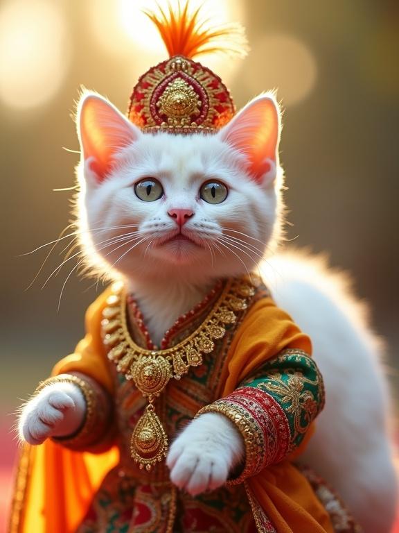 Small white male cat in the center, dressed in colorful Indian wedding outfit. Cat has large expressive light gray eyes and confident joyful expression. Soft fluffy fur enhances charming look. Ornate gold necklace and richly decorated sherwani are vibrant. Traditional groom’s turban with feather adorns head. Cat appears proud, slightly forward motion, claws subtly extended. Softly blurred background suggests outdoor ceremonial setting in warm daylight. Bright golden lighting enhances attire colors. Whimsical artistic style with slightly tilted camera angle.
