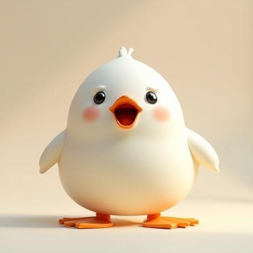 Detailed 3D rendering of an anthropomorphic egg. Egg is creamy white color with a smooth surface. Expresses extreme surprise and wonder with oversized eyes and an open mouth. Egg stands on thin dark legs resembling bird feet. Art style is photorealistic with soft shadows. Diffuse natural light enhances the scene. Close-up shot with a slight low angle gives presence.