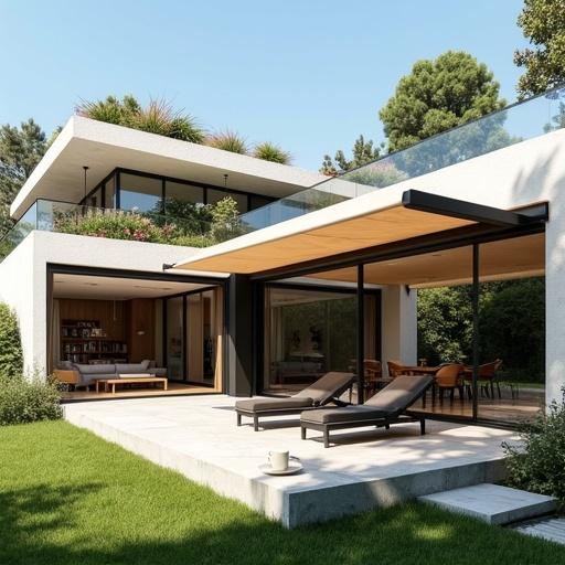 Modern luxury house with contemporary design features. Two-story structure with white exterior. Large glass windows and sliding doors. Green roof garden with plants. Covered patio area with wooden bookshelves. Living room visible through glass. Well-maintained green lawn with flowering shrubs. Set against bright blue sky. Combining mid-century modern and contemporary elements, clean lines, indoor-outdoor blend.