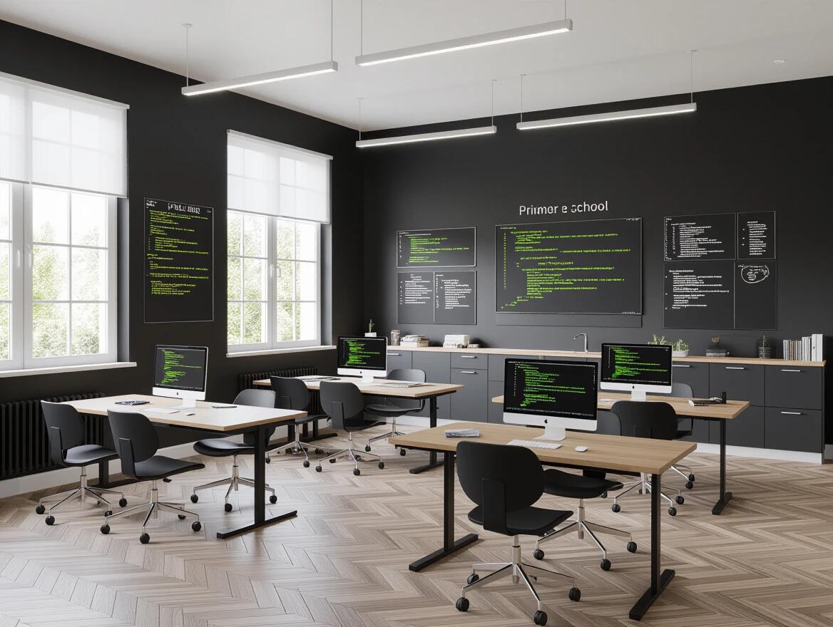 A private primary school classroom designed for AI and coding. Features modern desks and computers. Black walls with green chalkboard designs. Bright natural lighting from windows.