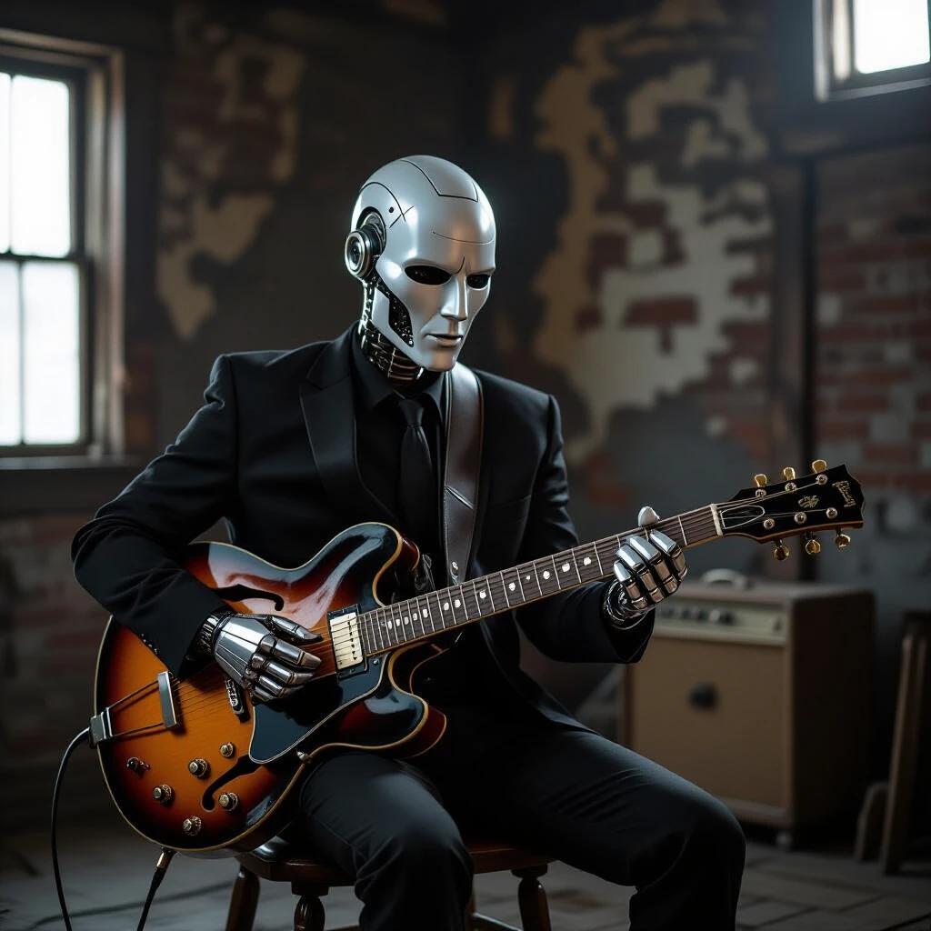 Human-like android dressed in black playing blues guitar in an old dark room. The android looks like a handsome man.