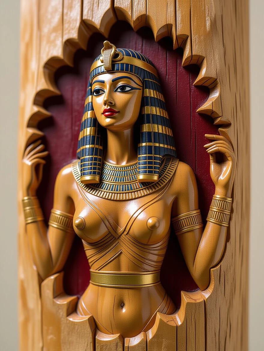Detailed closeup of a nude Cleopatra relief carving. The sculpture made from wood has pronounced grain features. The artwork feels alive and connected to its material. An intricate and ornate design captures the elegance of Cleopatra.