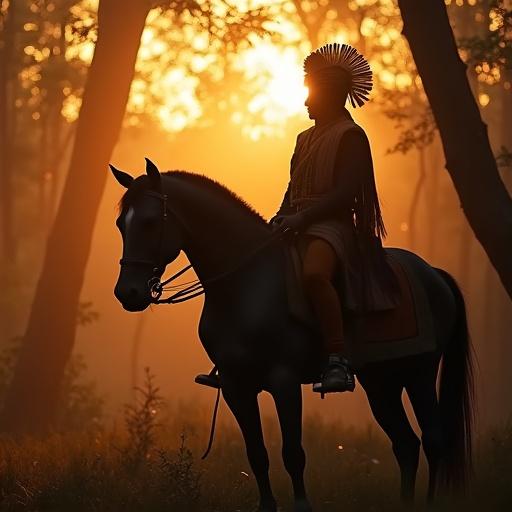Hindu prince riding a black horse through a forest at dusk. Silhouette bathed in golden hour light. Ethereal and atmospheric scene.