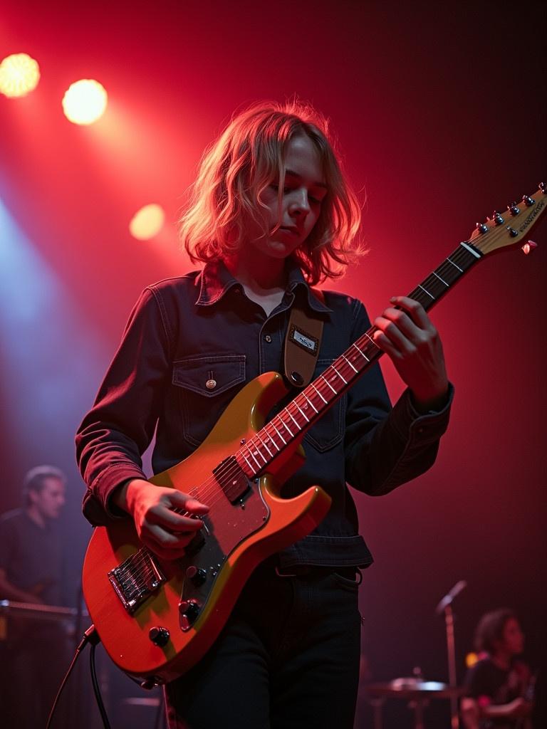 Young musician passionately playing electric guitar on stage under vibrant lights. Long hair and focused stance. Energetic atmosphere with colored spotlight effects.