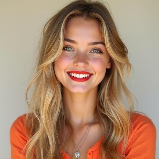 Photorealistic image of a young woman with long wavy blonde hair. She has a sun-kissed appearance with lighter highlights. Wearing an orange top against a light background. Bright and expressive eyes. Neatly groomed eyebrows and a proportionate nose. Subtle blush on cheeks. Full lips with bold red lipstick. Wide genuine smile showing white teeth. Delicate necklace around her neck. Soft, diffuse lighting highlighting her face.