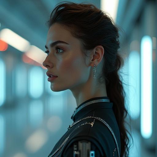 Woman stands in a futuristic environment. Ultra realistic portrayal. Hair styled elegantly. Wearing modern tech clothing. Side profile view.