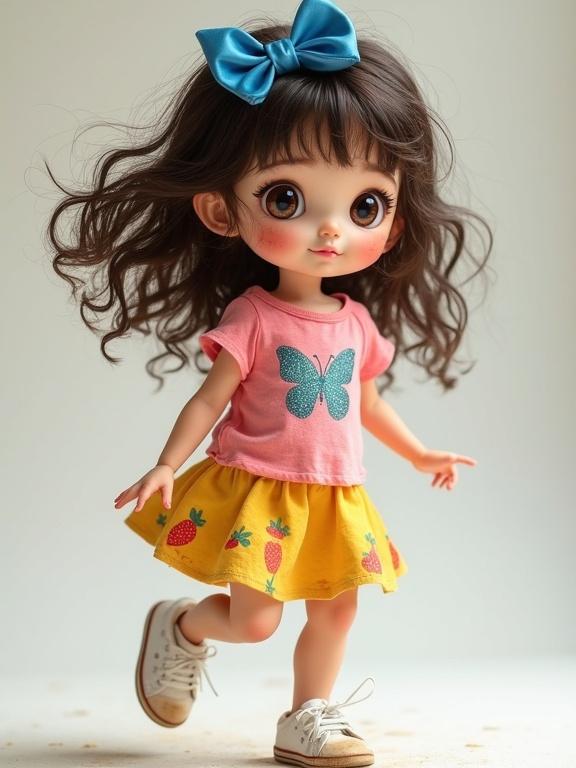 A doll with long dark brown hair wearing a blue bow, pink shirt with butterfly print, and yellow skirt with strawberries. She has rosy cheeks, dirt smudges, and wears white sneakers. She looks energetic and carefree.