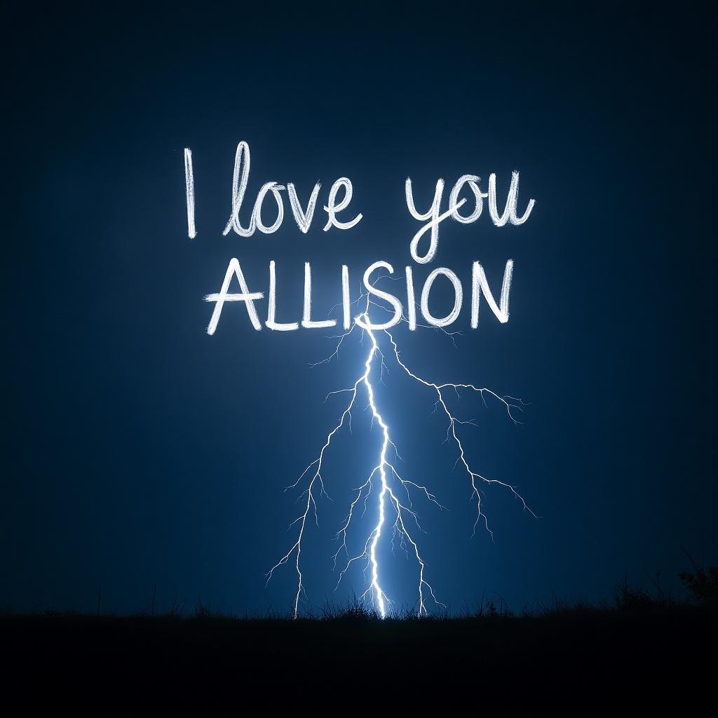 Writing appears in the night sky. Lightning conjures letters one by one. Final phrase reads 'I love you Allison'.