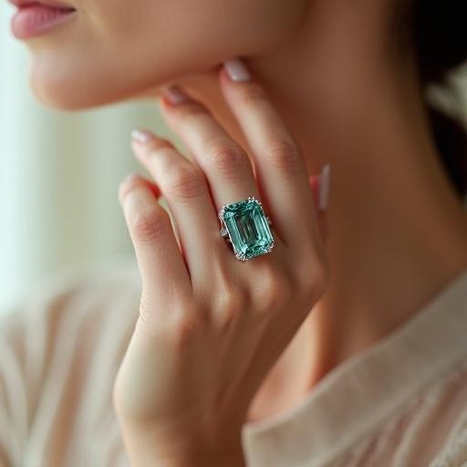 Photorealistic image presents a female hand displaying an emerald-cut aquamarine ring. The ring features 18k white gold setting. The hand is angled at 45 degrees. The teal-blue stone is highlighted. Background features a blurred gradient of ivory and champagne. Soft studio lighting creates reflections.