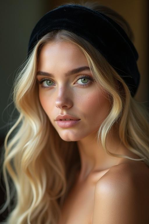 Close-up image of a woman with long blonde hair and green eyes. She wears a wide black velvet headband. Elegant pose with soft studio lighting. Shallow depth of field focus on the headband and hair.