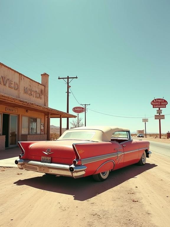 Classic American convertible car parked in front of an old motel. Late 1950s Pontiac style with large tail fins and chrome features. Faded red paint, white soft top, dusty and worn. Scenes of retro Americana in a hot desert setting. No people. Side view capturing the car and environment.