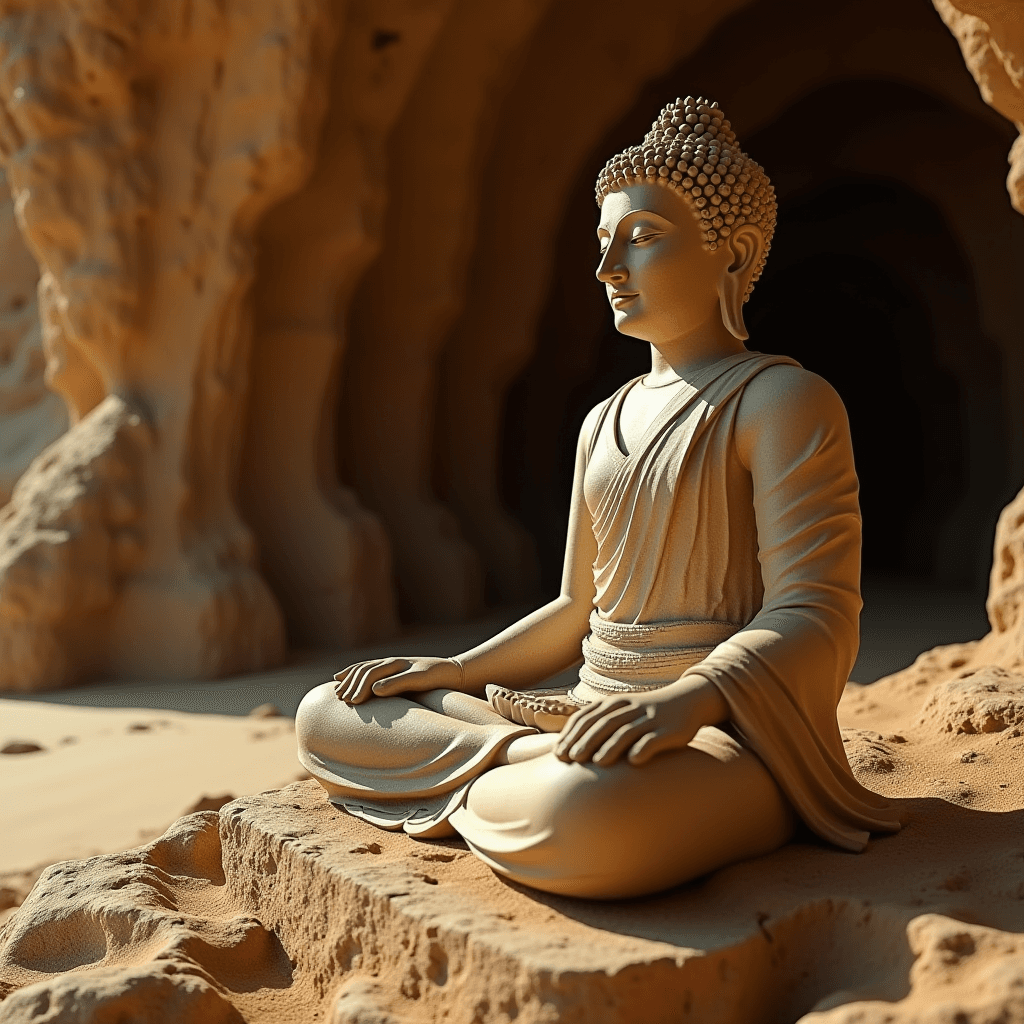 A Buddha statue sits peacefully at the entrance of a cave, bathed in warm light.