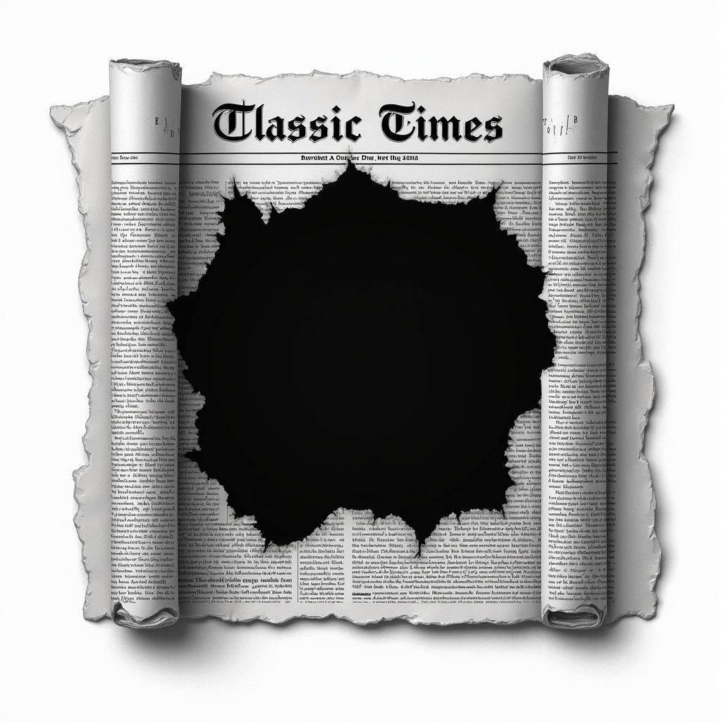 Torn newspaper with black hole in the center rolled up. Background is monochrome. Newspaper reads heavenly classic times. Vector illustration.