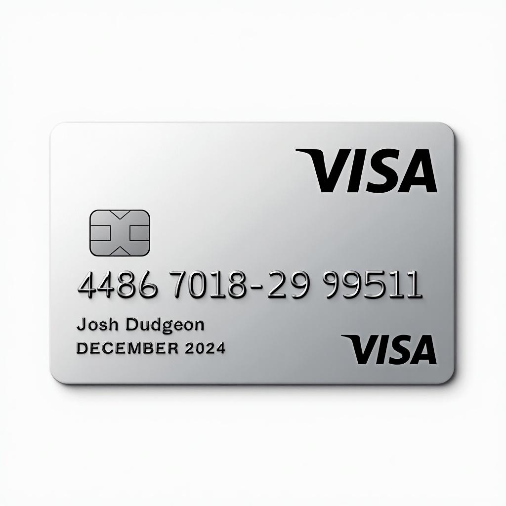 Realistic image of a credit card. Visa logo is prominent. Card number is visible. Cardholder name is aligned. Expiry date is noted. Clean silver background with bold black font.