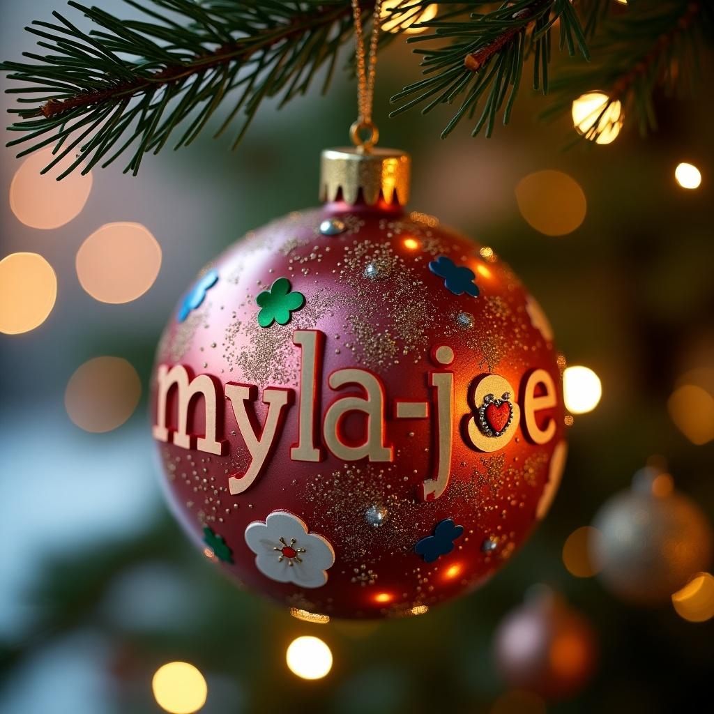 This image features a beautifully decorated Christmas bauble with the name 'myla-joe'. The bauble is in a vibrant red color, adorned with sparkles and colorful flower designs. It's hanging from a Christmas tree branch, surrounded by warm, soft lighting from blur backgrounds of Christmas lights. The personalization of the bauble makes it an ideal gift for the holiday season. This ornament captures the essence of festive cheer and the joy of giving personalized items during Christmas. It's perfect for anyone looking for unique holiday decorations or gifts.