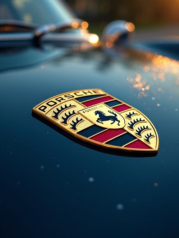Close-up of a Porsche crest emblem with a gleaming surface and cinematic lighting. Highly detailed with chrome and sparkle effects. Emblem is prominent and focal point of the image.