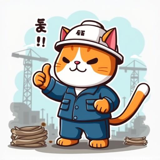 Cartoon-style cat standing upright on construction site. Cat wears white safety helmet and blue work uniform. Cat gives thumbs up gesture with paw. Cat has determined expression. Japanese industrial safety mascot style. Text 'ヨシ!' floating near cat.
