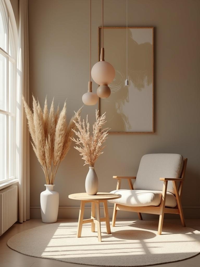 A cozy corner in a modern living room with a decorative chair and table. A vase with pampas grass is placed on the side. Soft natural light enters through a large window enhancing the room's warmth. The wall features minimalistic art. Ideal for home décor inspiration.