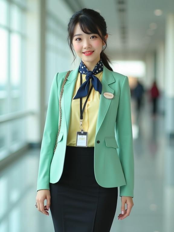 Full body shot of airport ground staff female in uniform. She wears a pastel yellow long-sleeve blouse and a mint green blazer. The outfit includes a black pencil skirt and low-heel pumps. Her hair is in a bun with light makeup and a friendly smile. A name tag and ID badge are visible. A dark blue gingham scarf is tied at the neck.
