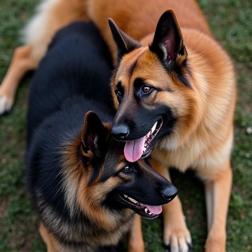 Two Belgian Shepherd Tervuren dogs curled around each other in a yin and yang formation seen from above. Both dogs with heads tilted and mouths open showing teeth.