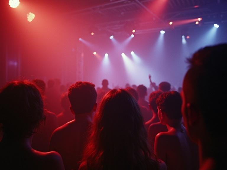 Crowd gathered at a Berlin techno party from 1992. Dimly lit atmosphere with colorful lights. Large number of people visible from behind. Showcasing a vibrant party scene.
