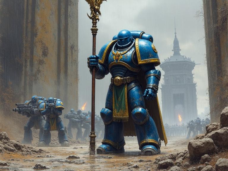Detailed illustration featuring the Ultramarines from Warhammer 40000. Depiction of a Captain standing firm on a bridge. Armored in cobalt blue with green trim, rugged and battle-worn. Holding a Legion standard. Background shows ruins and looming war engines. Atmosphere conveys desperation and heroism. Lighting features muted skies and flashes from combat.