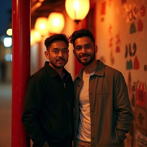 Two men lean against a vermilion beam. They strike a funny pose. Dark top and light-colored clothing create a layered look. Warm light from lanterns adds ambience. Painted patterns on the building give cultural texture. Night street photography captures joyful friendship.