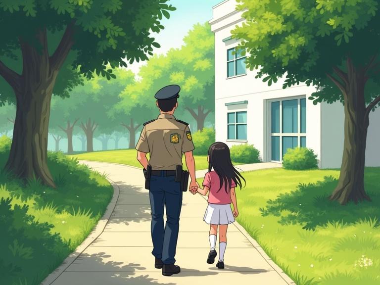 Anime-style illustration of a police officer in khaki uniform walking with a young girl. They are seen from behind on a paved pathway in a lush green area. The girl has long hair and wears a pink shirt, white skirt, and knee-high socks. The scene is bright with sunlight and features a white building in the background.