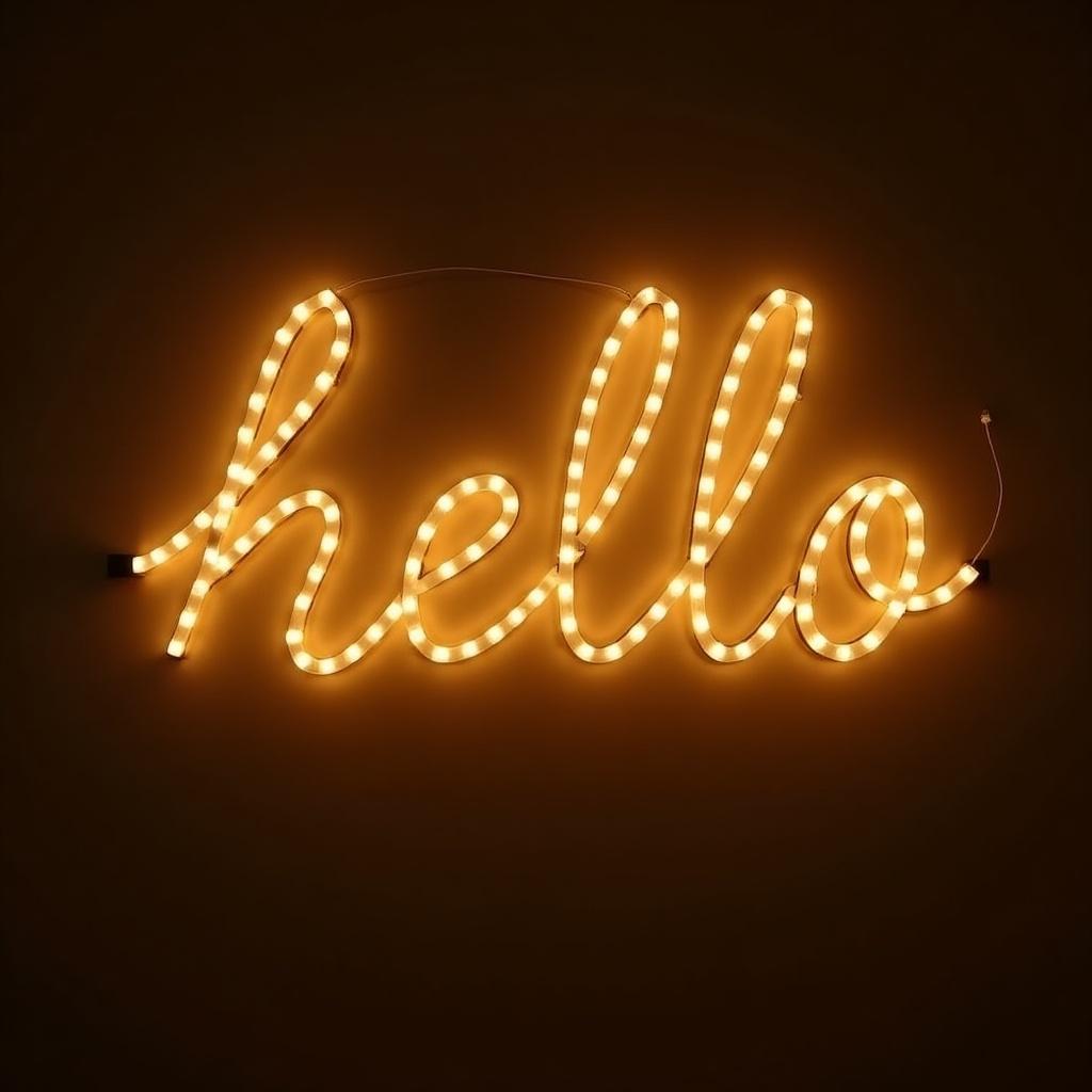 Word hello made of lights on a brown background. Neon-style letters glowing softly.