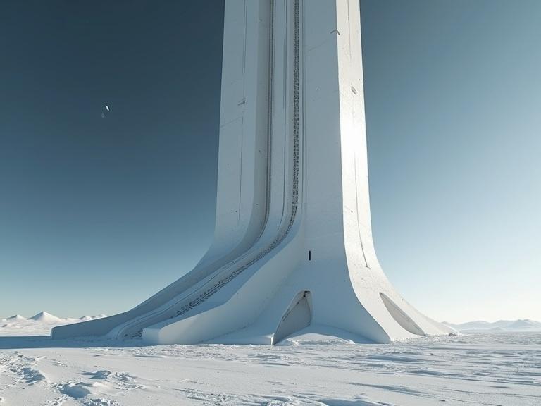 Huge white sci-fi structure shaped like letter I. Towering, smooth, sleek design with deep grooves. Set in a snowy landscape in space. Realistic textures and lighting. Vast scale highlighting its height and surroundings.