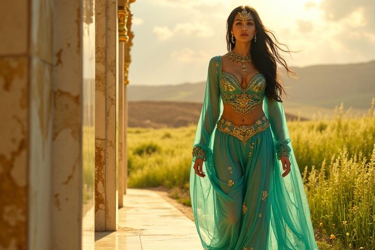 Arabian princess steps forward from a marble temple into a lush grassland. The scene captures one foot in the temple and the other in vibrant nature, bathed in contrasting light. She wears a magnificent turquoise outfit with gold accents. Her expression shows awe and discovery.