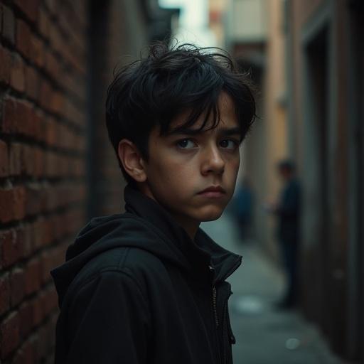 Photorealistic full figure shot of a young Turkish male in an alleyway. Strong contrasts create a moody atmosphere in a gritty setting. Thick black hair and dark brown eyes show worry and fear. An older boy approaches him. Bricks are visible in the dimly lit alleyway.