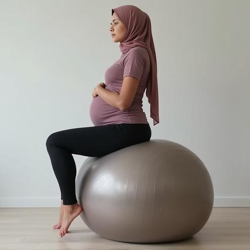 Pregnant woman wearing hijab sitting on a yoga ball in a bright room. Wearing casual activewear and enjoying a moment of relaxation. The scene embodies health and fitness during pregnancy.
