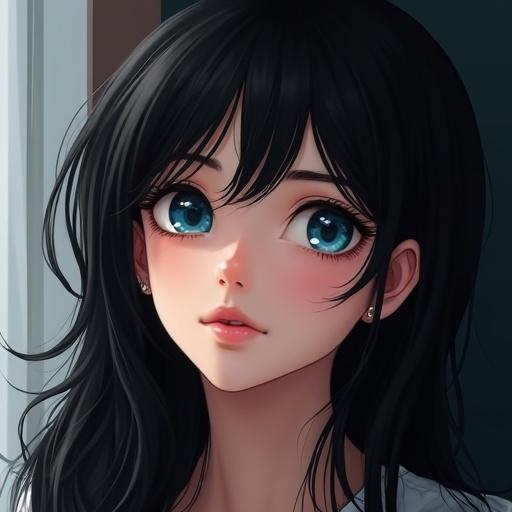 Portrait of a character with black hair and blue eyes. The character has a cute face and appears realistic. Soft lighting enhances facial features.