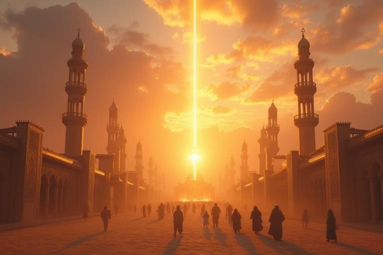 Desert city under twilight skies with golden hues. Spiritual light descends from above. People walking purposefully with Qur'anic scrolls glowing. Atmosphere of divine guidance and peace. Cinematic 3D art style with soft light and rich detail.