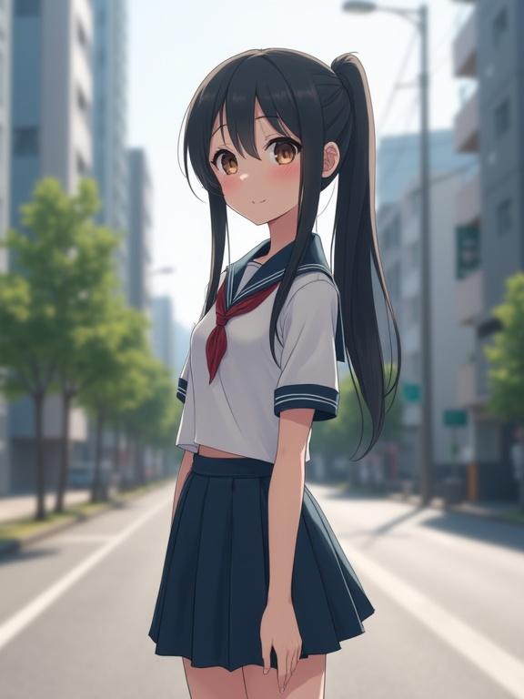 Photorealistic image of a cute Japanese teenage girl with a ponytail. Smooth skin and big brown eyes. Wearing a short-sleeve school uniform with a short skirt. Standing shyly in a modern city with a cute smile. Showing a blushing expression. Full body shot with a zoomed-out perspective.