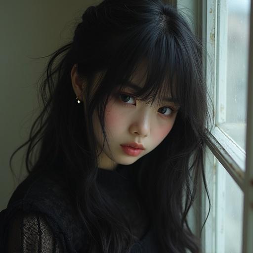 Portrait of a girl with emo style. Long dark hair and soft makeup. Mood is introspective and emotional. Natural light from window adds a gentle touch.