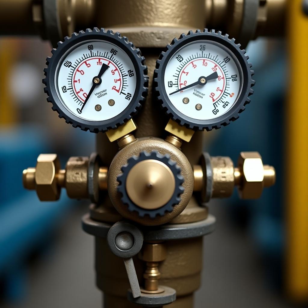 Close-up photograph of a pressure regulator with two gauges displaying pressure readings.