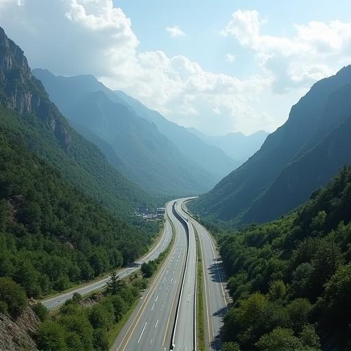 Valley landscape with a highway featuring three lanes. Other lanes splitting from the main one. Mountains in the background with green vegetation.