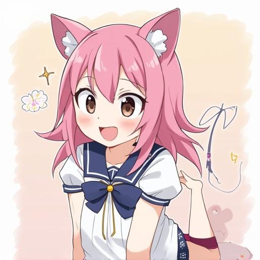 Anime character with cat ears and pink hair. Bright and cheerful expression. Wearing a school uniform. Depicted in a cute and playful pose.