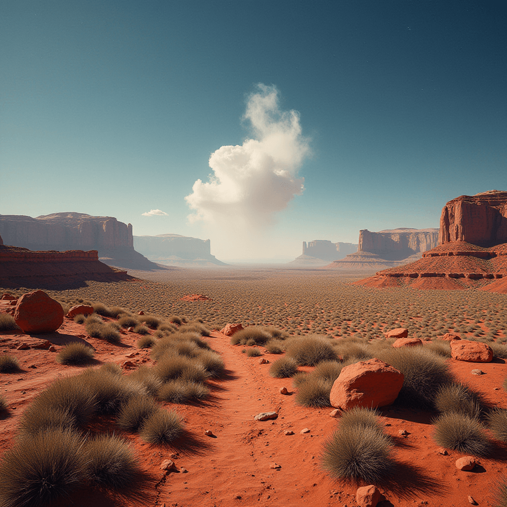 A vast desert landscape with red rocks and a single cloud against a clear blue sky.