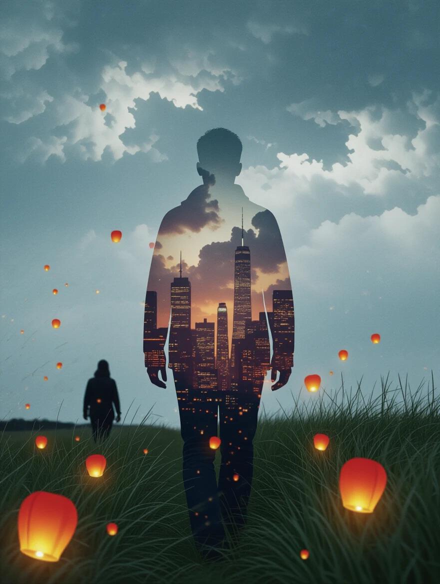 A lone figure walks through tall grass in the wind. The figure's silhouette contains a city skyline. Glowing paper lanterns float nearby. Ink streaks and dust drift in the air. Dramatic clouds fill the sky above.